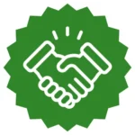 Icono de un apretón de manos verde simbolizando la confianza en la asociación comercial B2B.